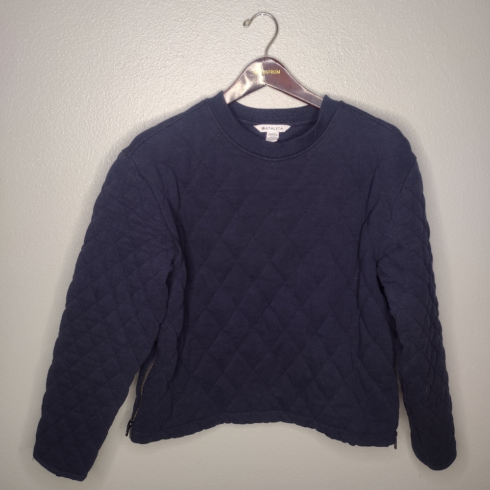 Athleta Retroplush Quilted Crewneck Sweatshirt Top Medium Navy Zip Sides A19